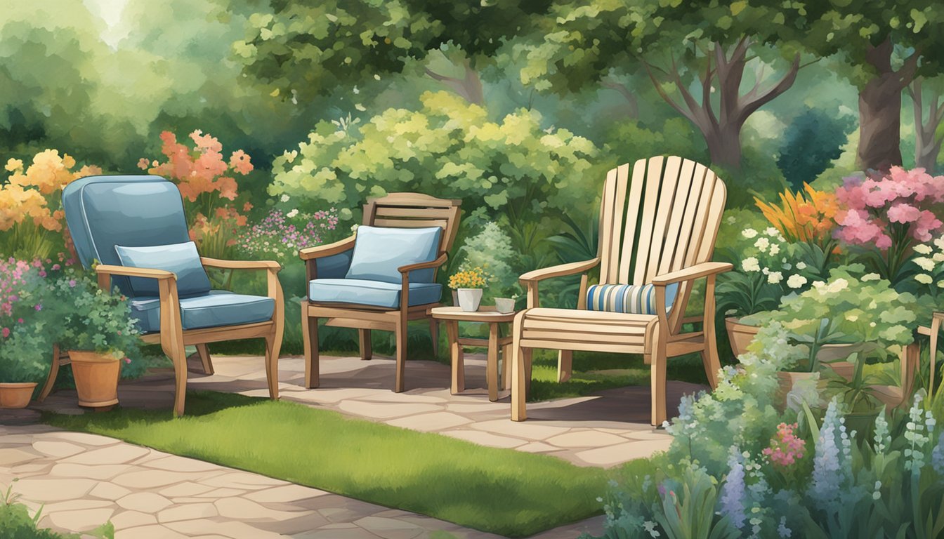 A variety of garden chair styles and materials are displayed in a lush garden setting, with different designs and materials showcased