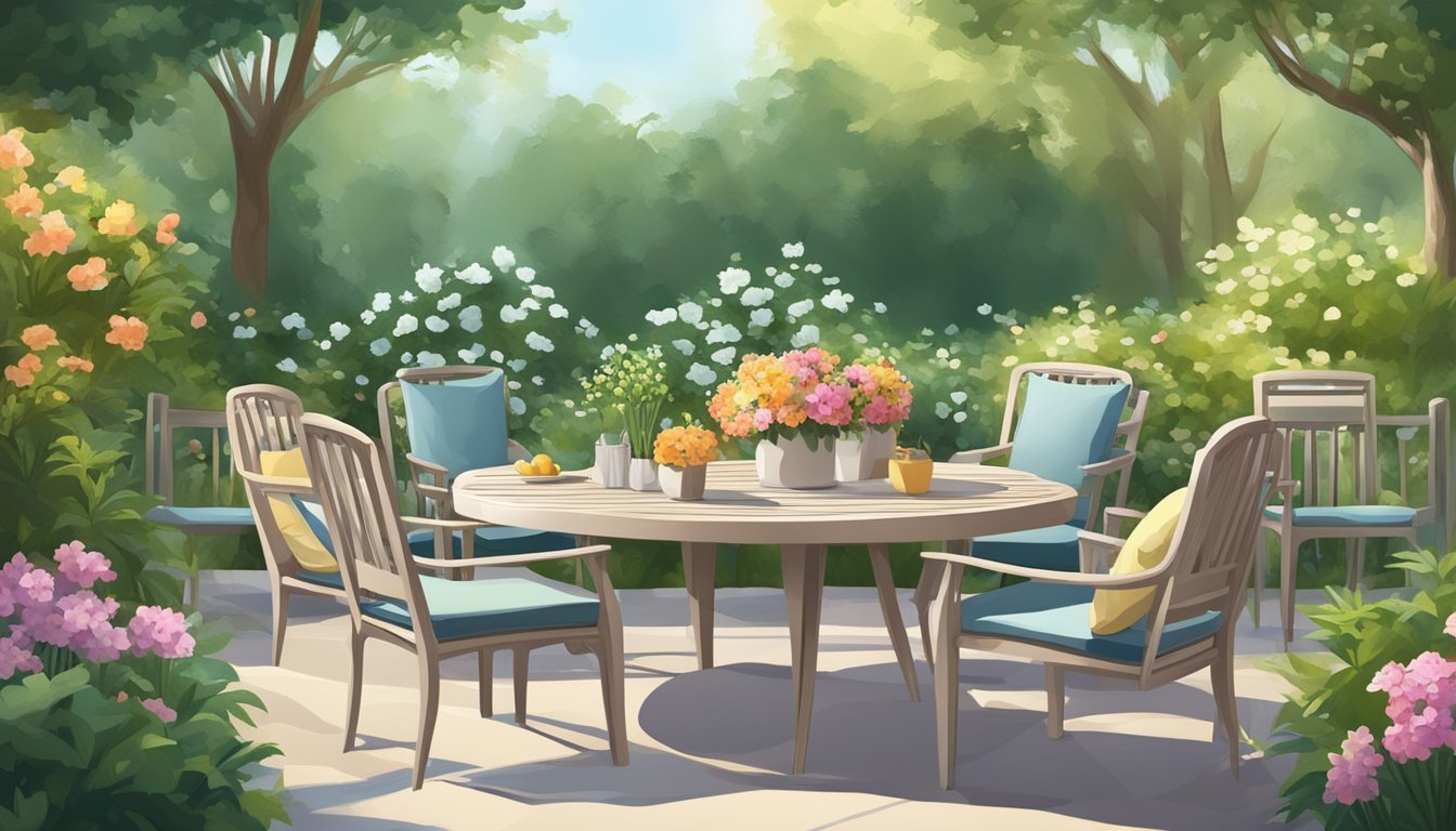 A serene garden setting with a variety of stylish outdoor chairs arranged around a cozy table, surrounded by lush greenery and blooming flowers