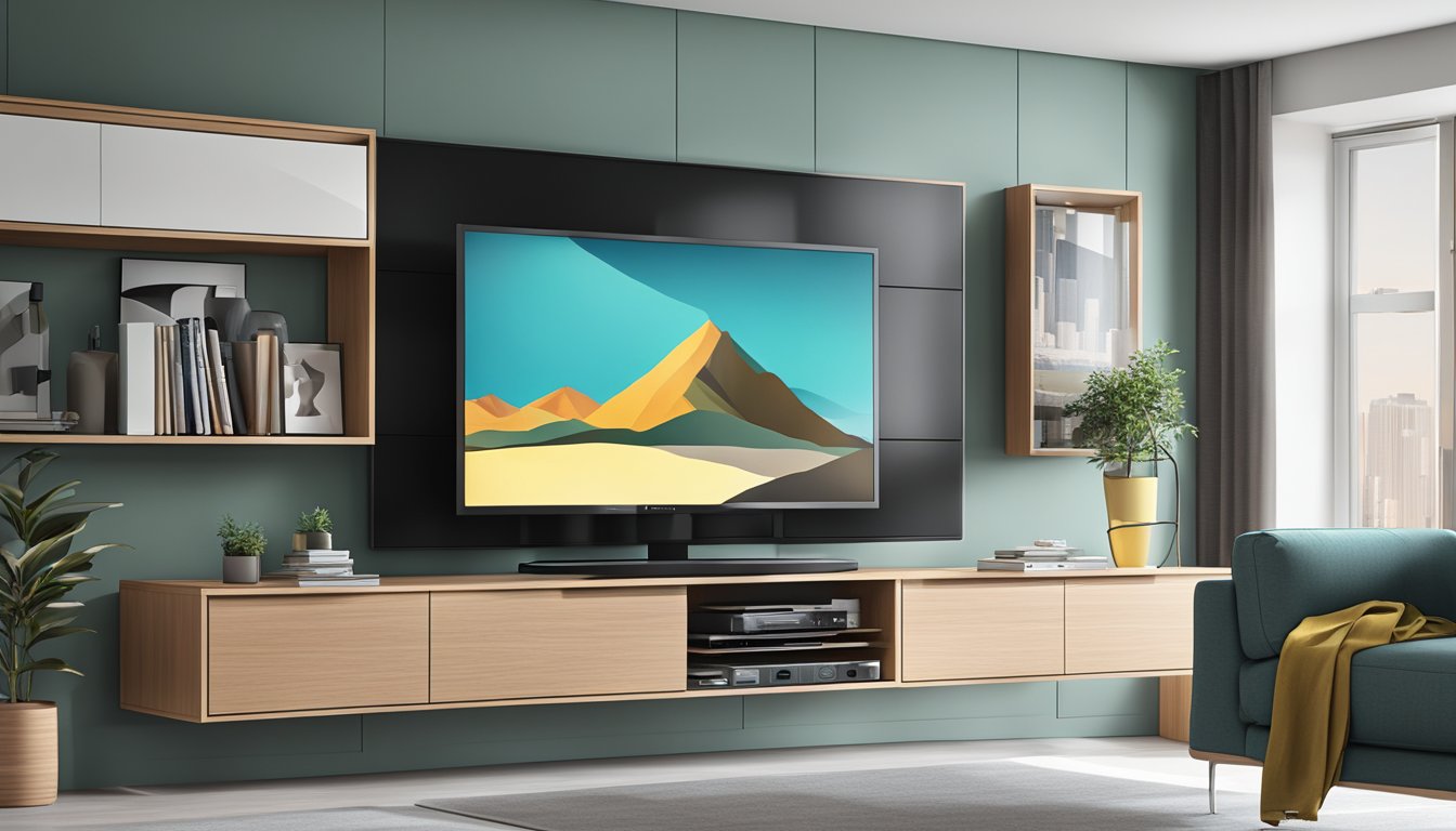 A sleek, minimalist tv console with open shelving and cable management features, integrated with a wall-mounted television