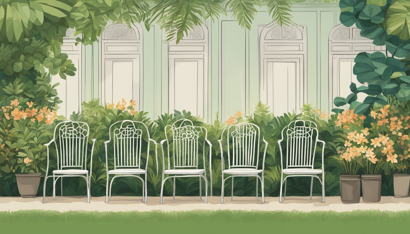 A row of stylish garden chairs in a lush Singaporean garden, with a sign reading "Frequently Asked Questions" displayed prominently