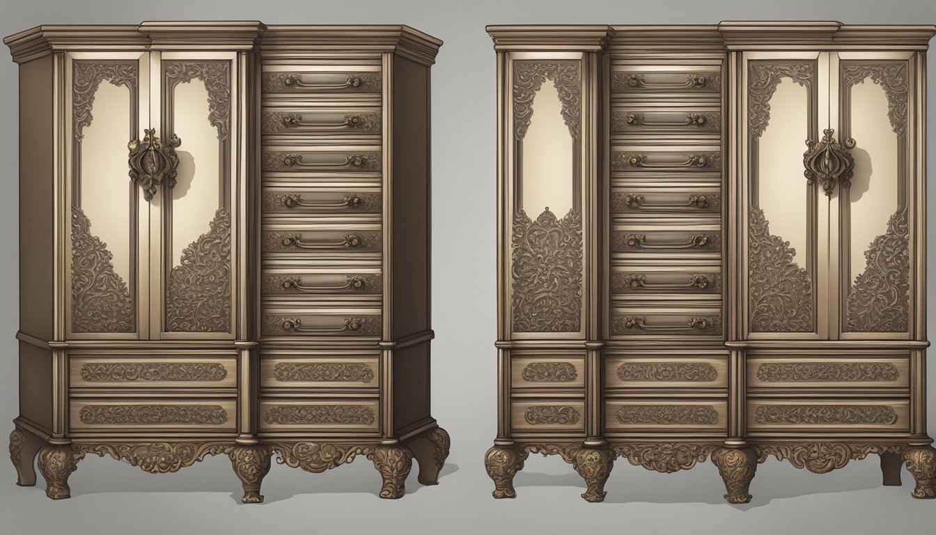 A tall narrow chest of drawers stands against the wall, with intricate carvings and ornate handles