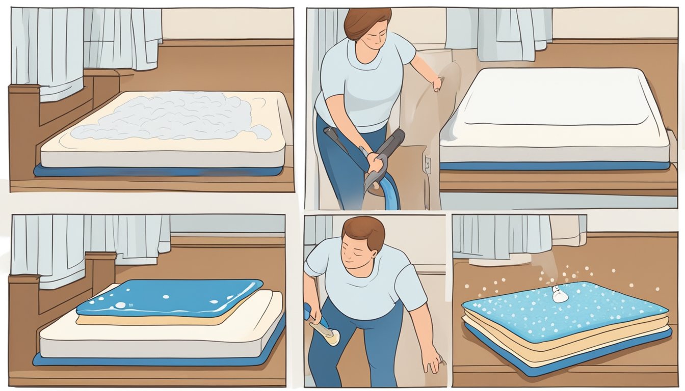 A person pours white vinegar onto a stained pillow top mattress, then sprinkles baking soda over the affected area. The mattress is left to dry before the baking soda is vacuumed up