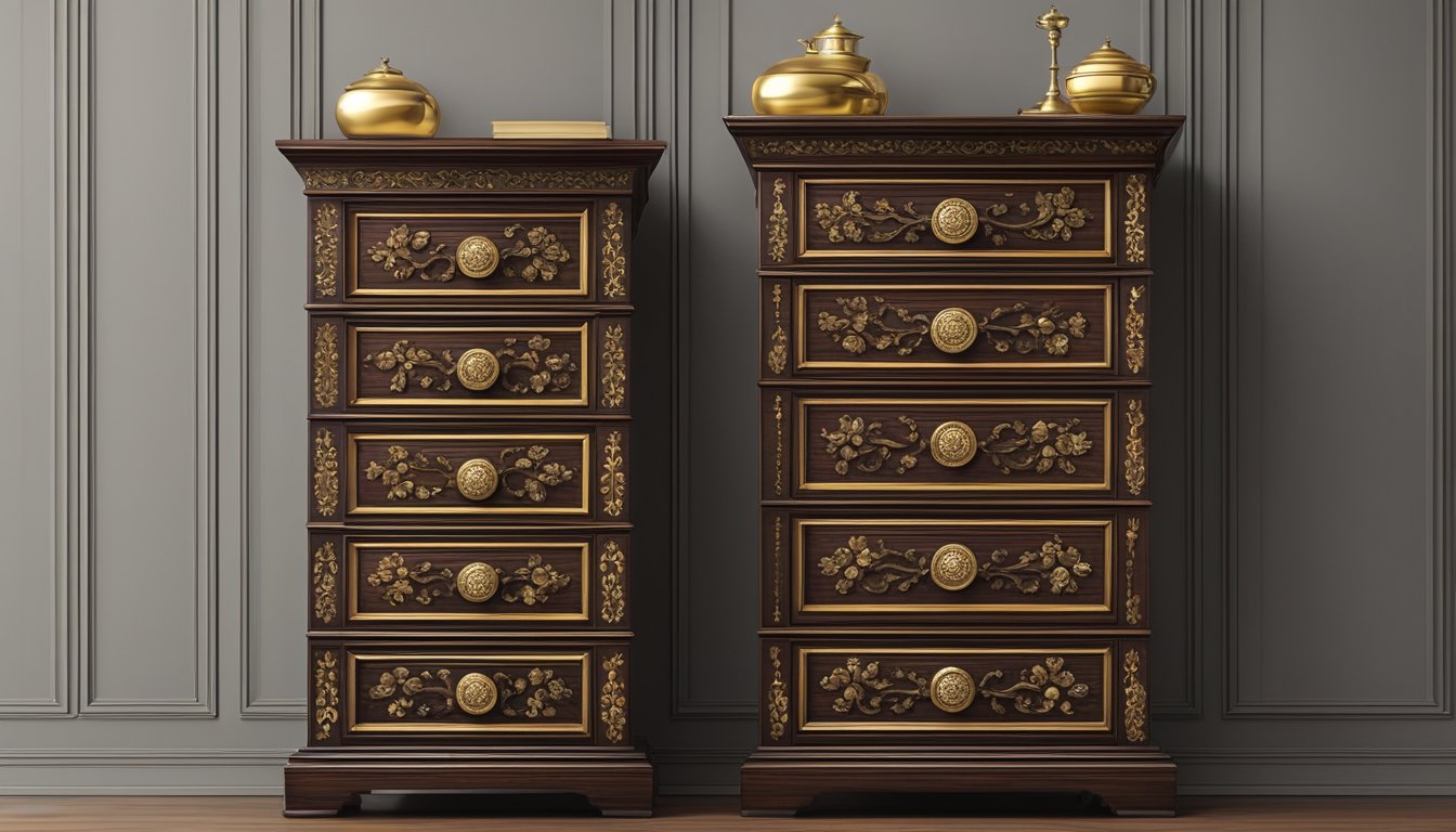 A tall narrow chest of drawers made of dark mahogany wood, with ornate brass handles and intricate carvings along the edges