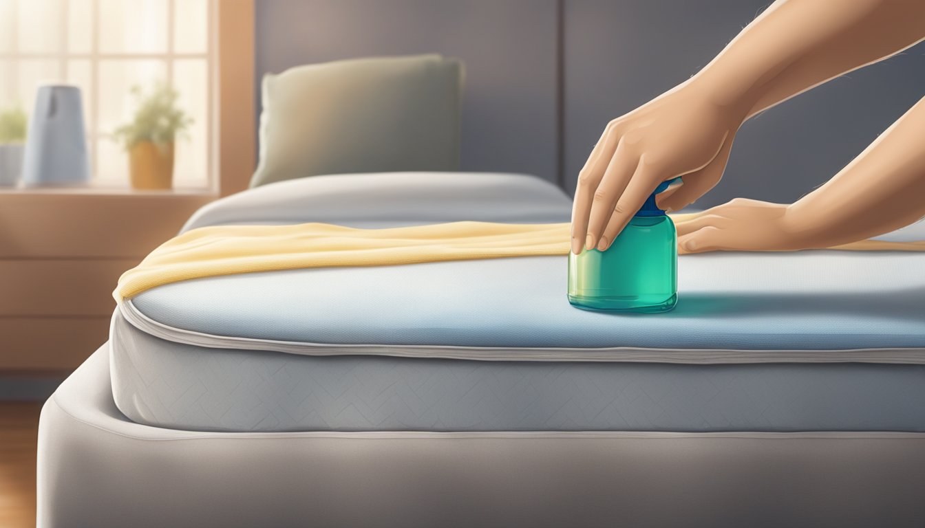 A hand holding a spray bottle and a cloth, kneeling next to a mattress with a pillow top stained with urine