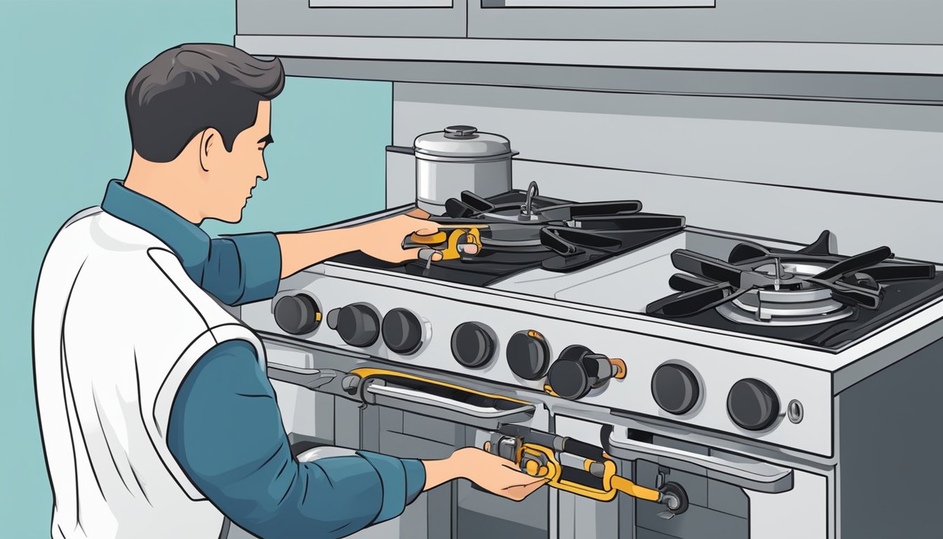 A gas cooker is being connected to a gas supply using a flexible hose and a bayonet fitting. The technician is tightening the connection with a wrench