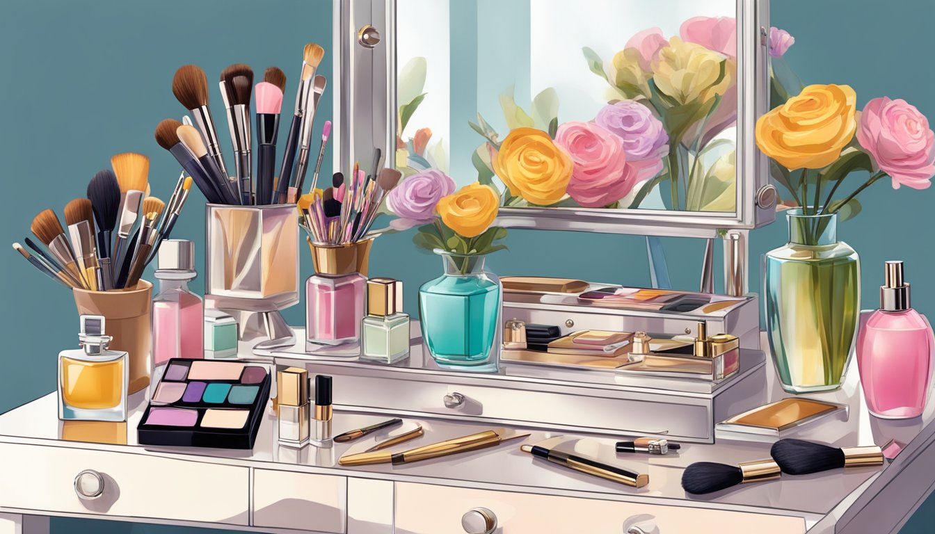 A cluttered dressing table with a mirror, makeup brushes, perfume bottles, and jewelry scattered across the surface. A vase of fresh flowers adds a touch of elegance to the scene