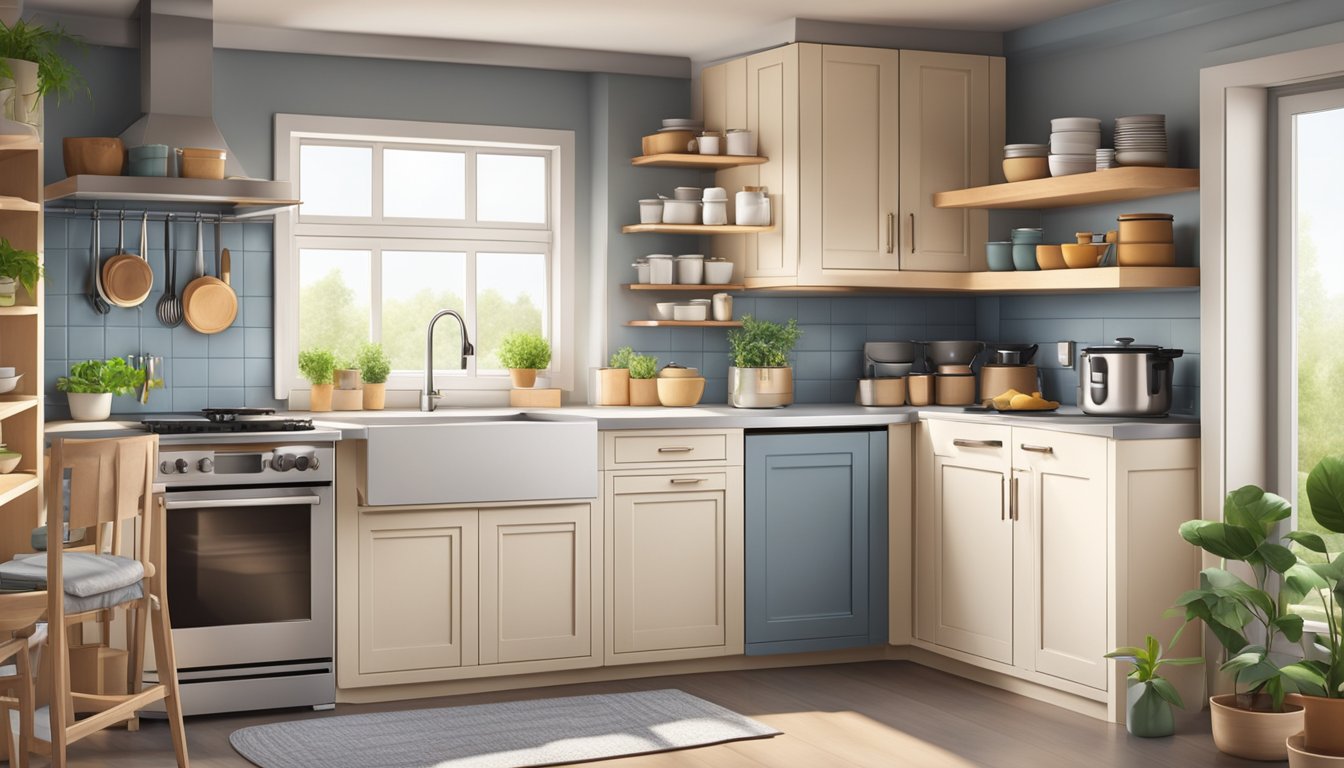 A cozy table with foldable chairs in a compact kitchen, surrounded by shelves of neatly organized cookware and a window with natural light