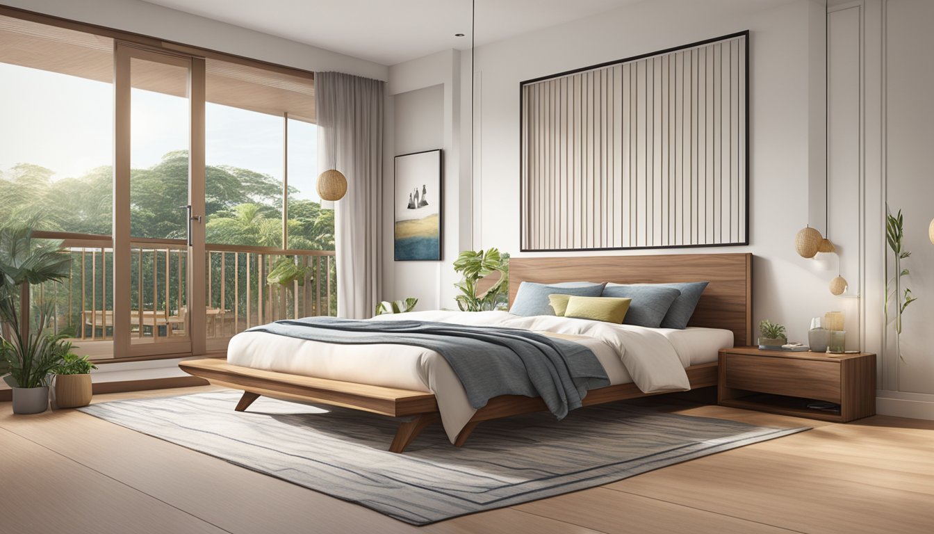 A solid wood bed frame in a modern Singaporean bedroom