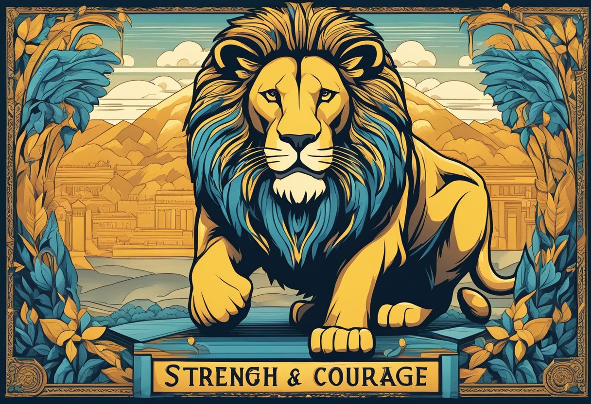 A lion standing proudly, with a fierce expression, and the words "Strength and Courage" written in bold letters above it