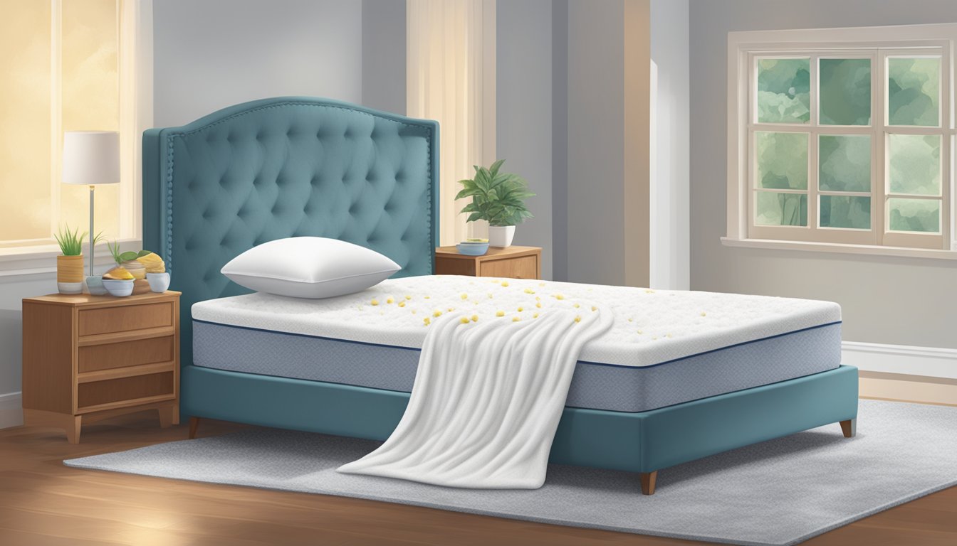 A person pours white vinegar on a stained pillow top mattress, then sprinkles baking soda and lets it sit before vacuuming it clean