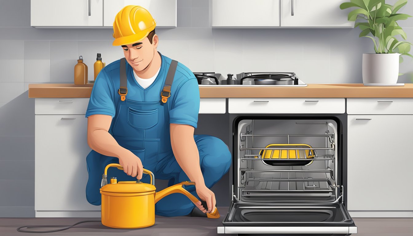 A plumber connects gas cooker, checks for leaks