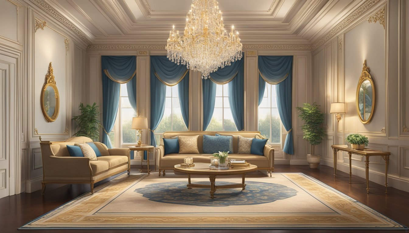 A plush settee sits in the grand foyer, bathed in soft light from the chandelier above. Richly patterned carpet and ornate moldings add to the elegant atmosphere