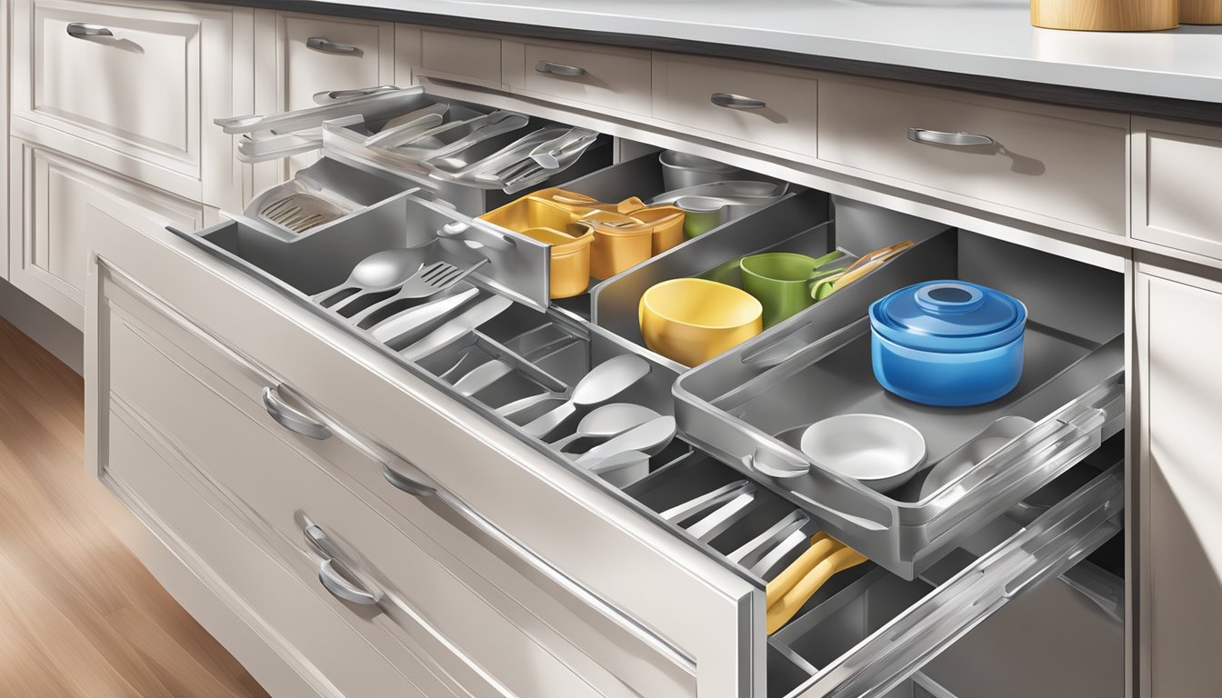 Extra wide kitchen drawers open, revealing organized utensils and cooking supplies neatly arranged within