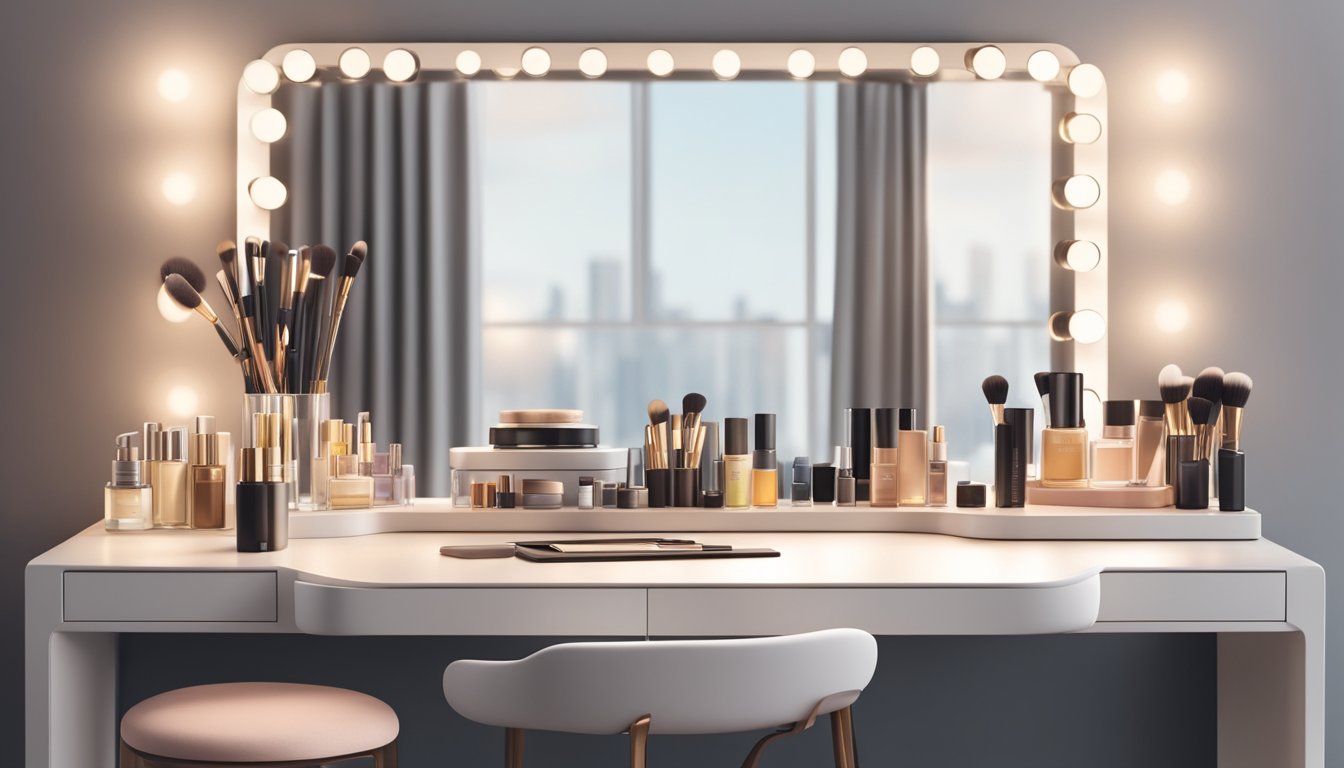 A sleek, modern dressing table with a large mirror, organized makeup and skincare products, a comfortable stool, and soft lighting
