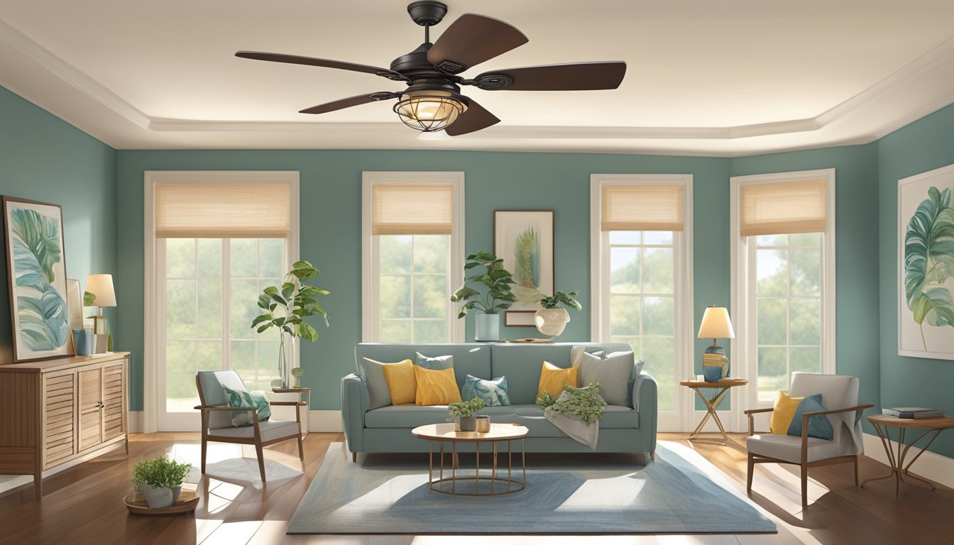 A living room ceiling fan spins above a cozy seating area, casting gentle breezes throughout the room