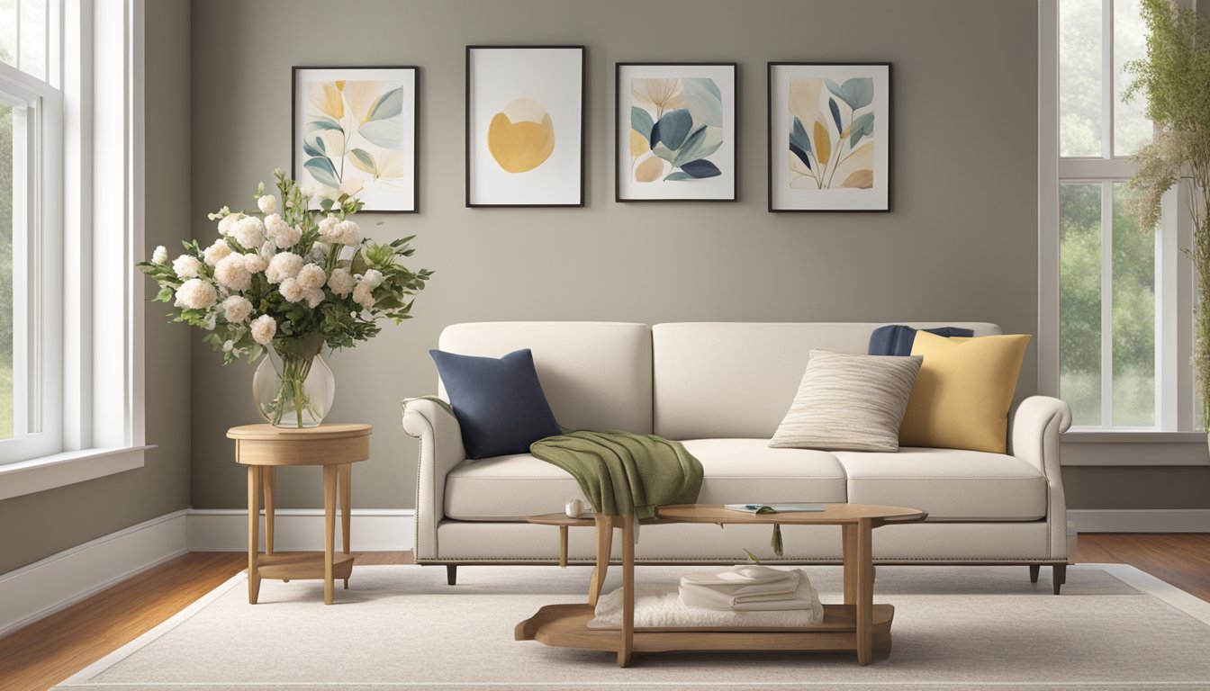 A cozy foyer settee sits against a wall, adorned with plush cushions and a soft throw. A small side table holds a vase of fresh flowers, casting a warm and inviting atmosphere