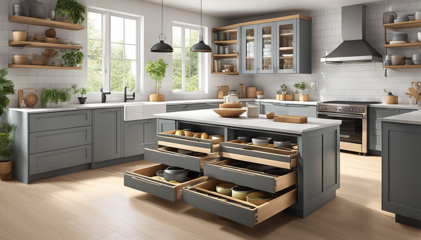 A spacious kitchen with extra wide drawers, neatly organized with pots, pans, and utensils. The drawers are effortlessly gliding open, showcasing their ample storage capacity