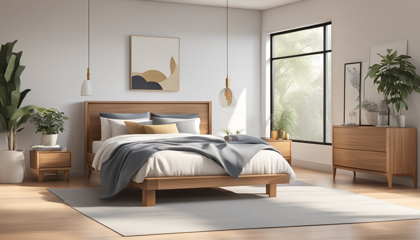 A bedroom with a solid wood bed frame as the focal point, surrounded by minimalist decor and natural lighting