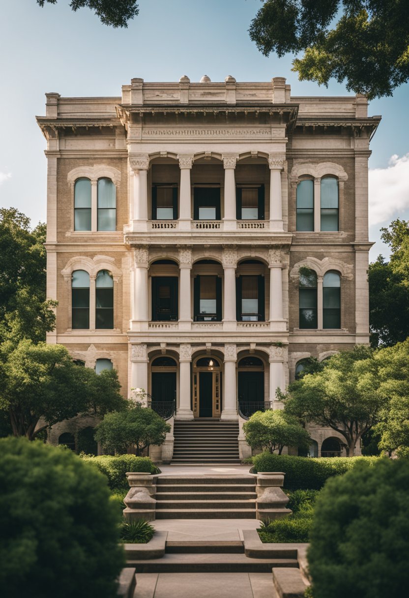 The East Terrace Museum in Waco stands tall, surrounded by lush greenery. Its grand architecture and historical significance are evident in the intricate details of the building's facade