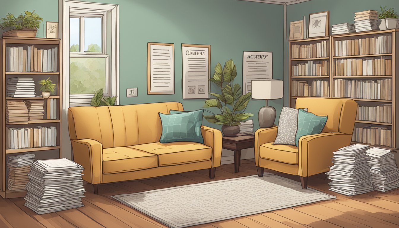 A cozy foyer with a settee surrounded by stacks of FAQ pamphlets and a sign indicating "Frequently Asked Questions."