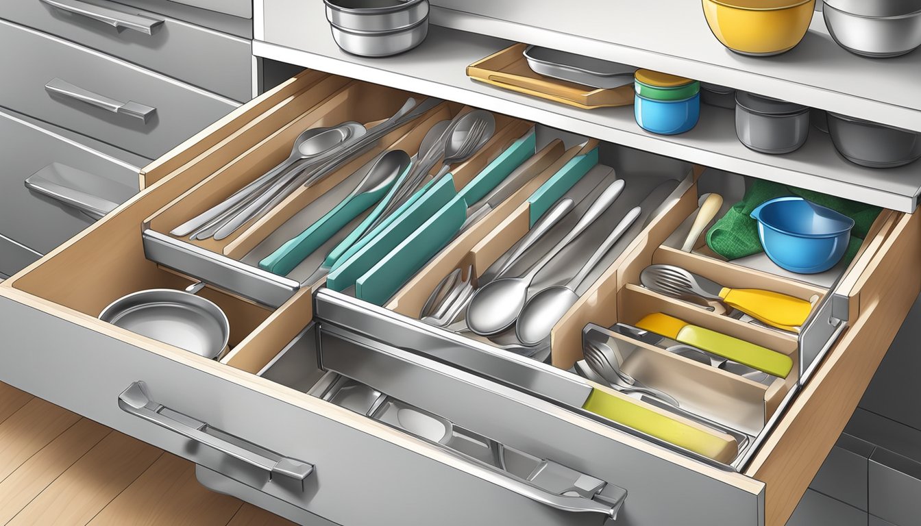 Wide kitchen drawers neatly organized with various utensils and containers, maximizing storage space