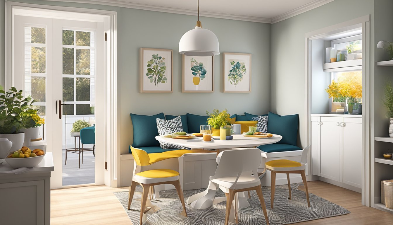 A cozy dining nook in a small space, with a compact table and chairs, clever storage solutions, and pops of color to create a welcoming atmosphere