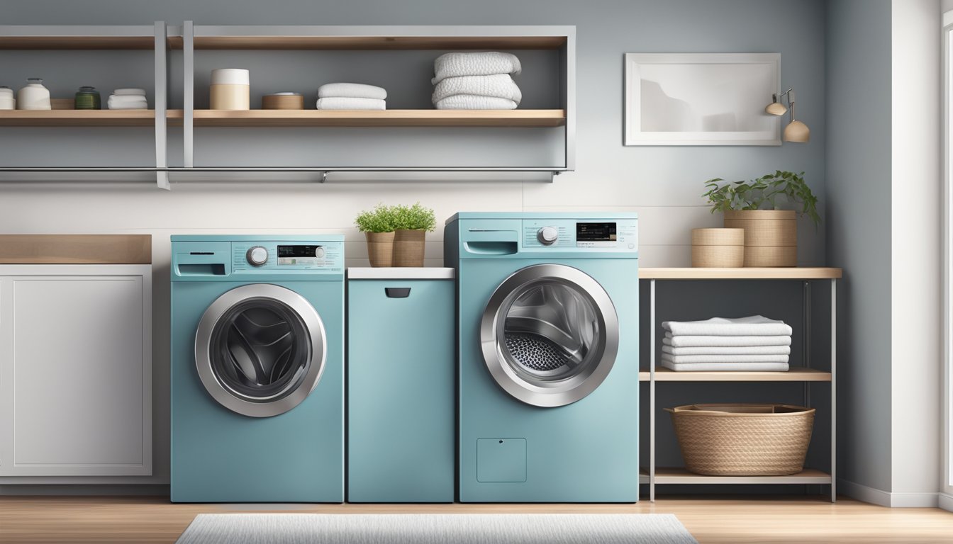 A front-load and top-load washing machine sit side by side in a modern laundry room, surrounded by clean, organized shelves and baskets