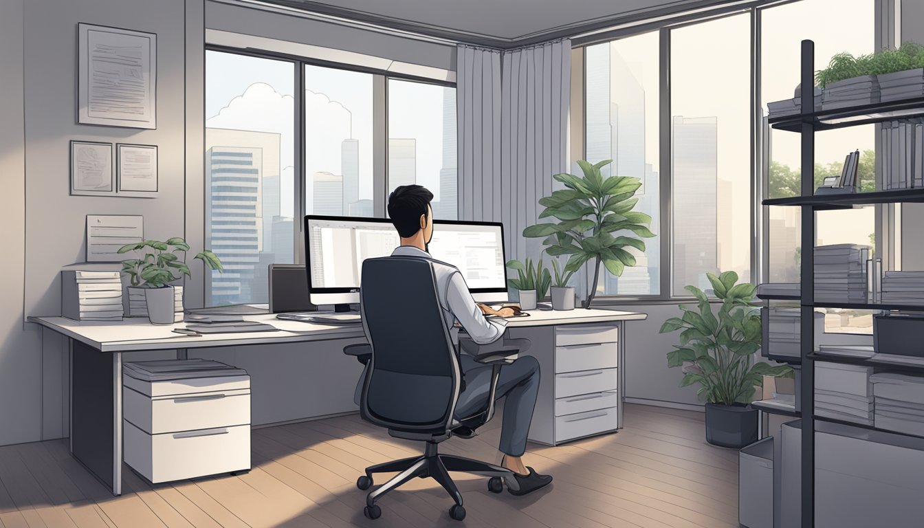 A person sitting at a desk, browsing a computer, with a comfortable and ergonomic computer chair in a modern office setting in Singapore