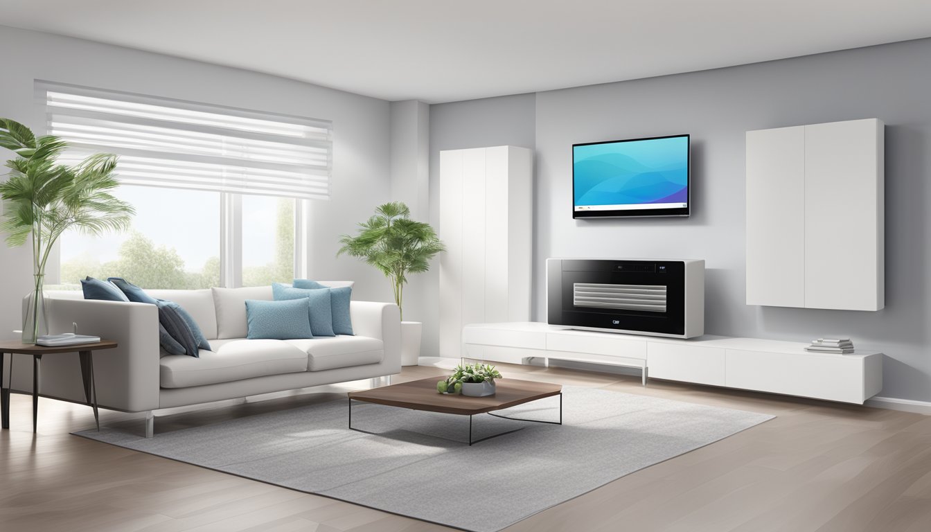 An LG air conditioner wall unit mounted on a white wall with vents and control panel visible