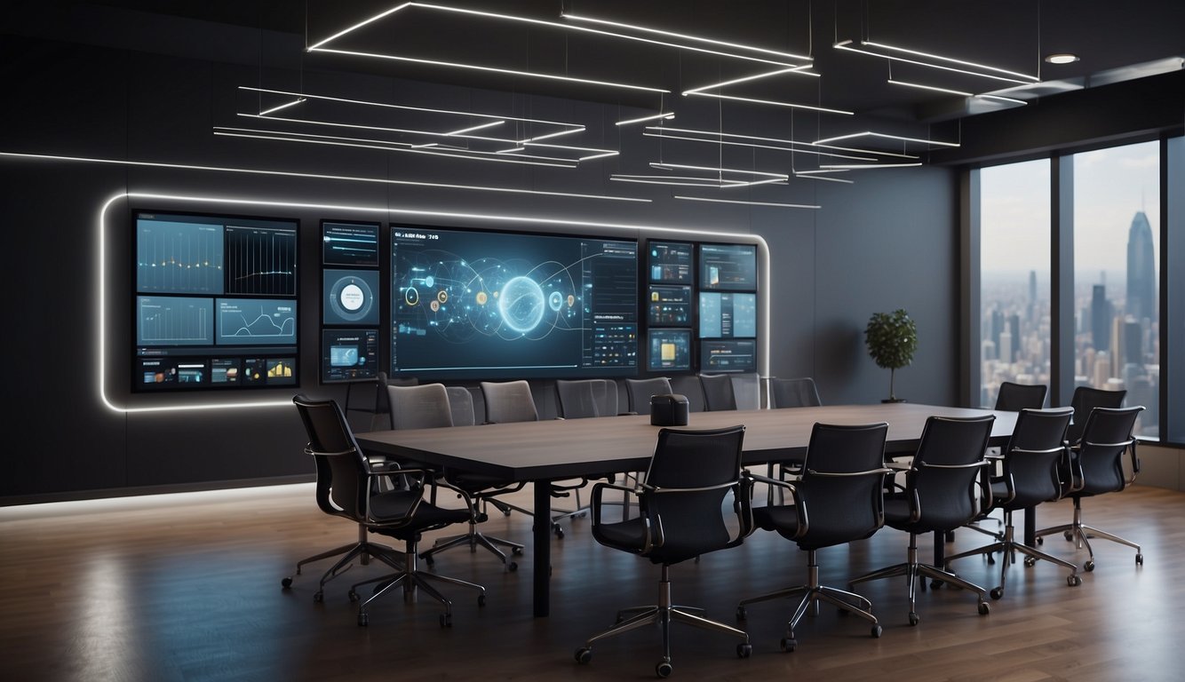 A virtual meeting room with screens, charts, and interactive tools for engaging participants. Lighting and decor create a professional and welcoming atmosphere