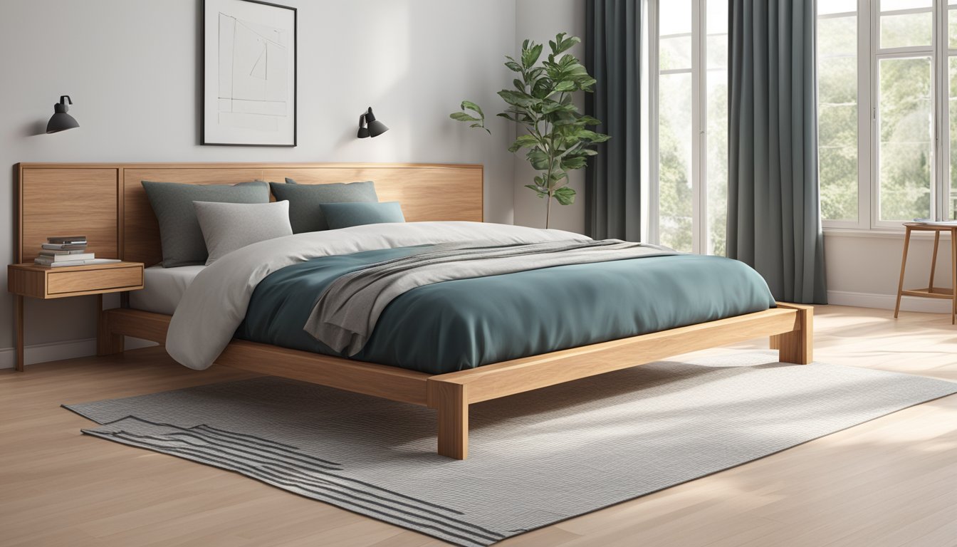 A solid wood bed frame stands in a minimalist bedroom, with clean lines and a functional design