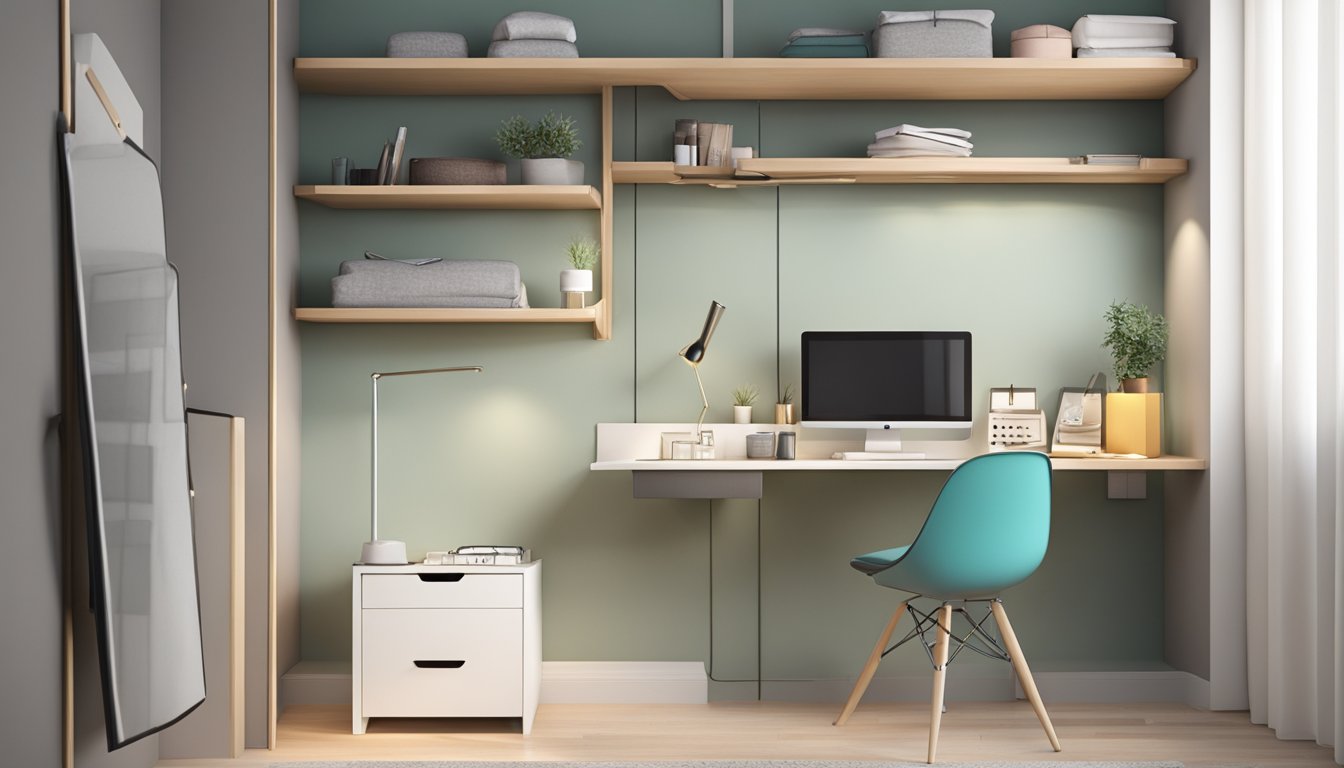 A small bedroom with a wall-mounted dressing table, foldable chair, and wall shelves to maximize space