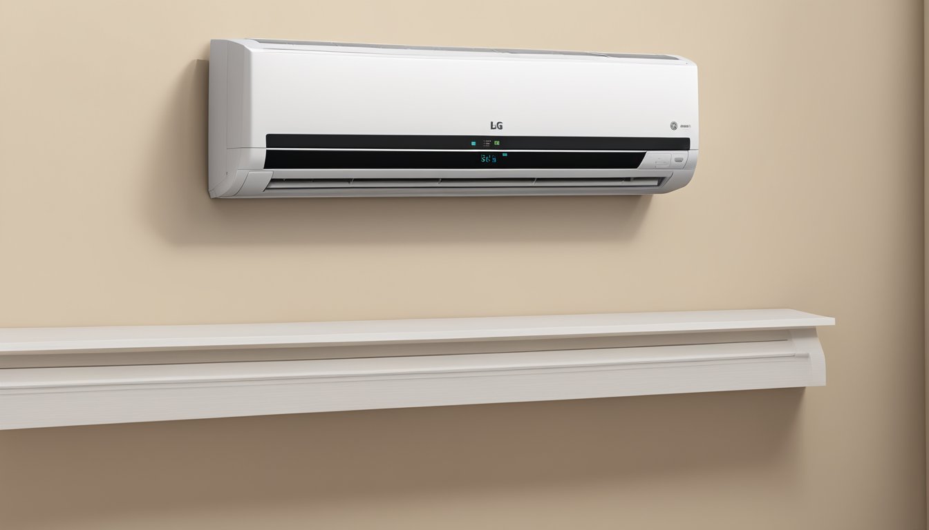 An LG air conditioner wall unit mounted on a beige wall, with sleek design and digital display