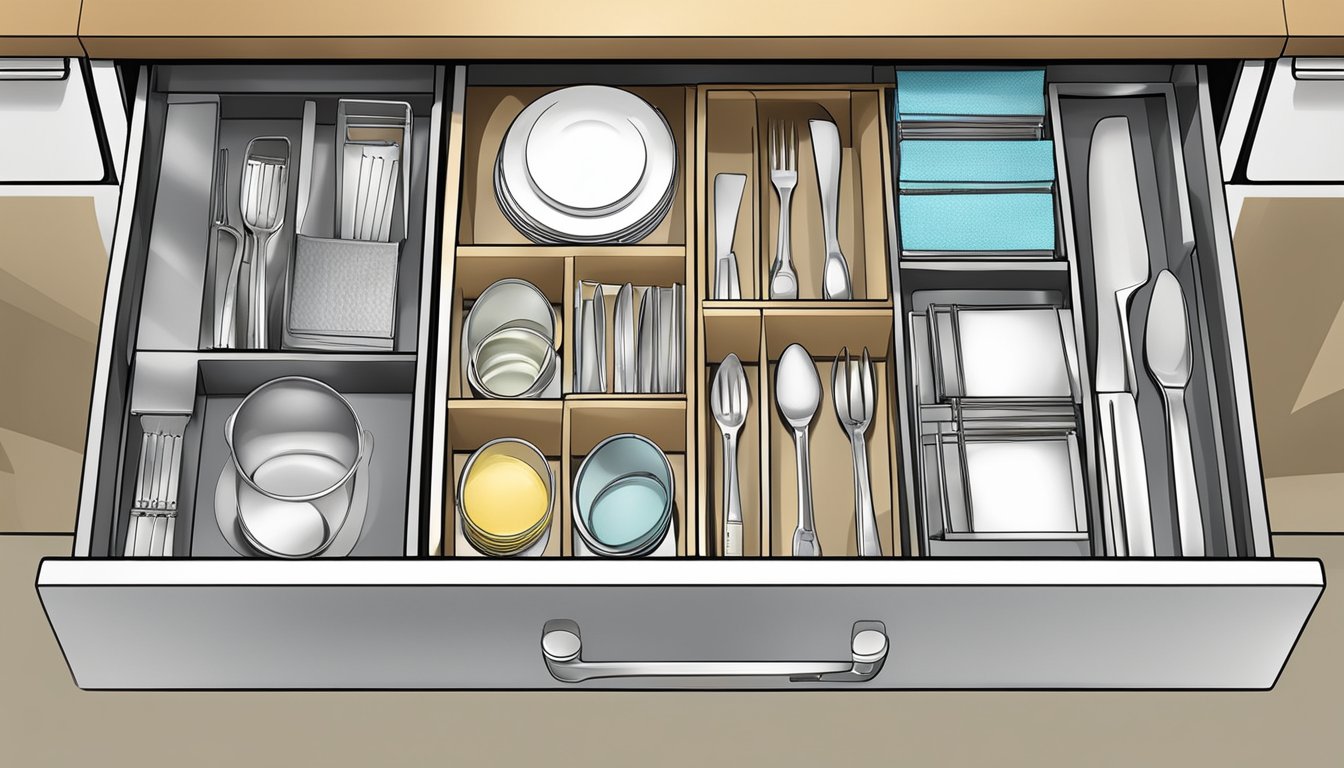 An open kitchen drawer with neatly organized utensils and labeled dividers