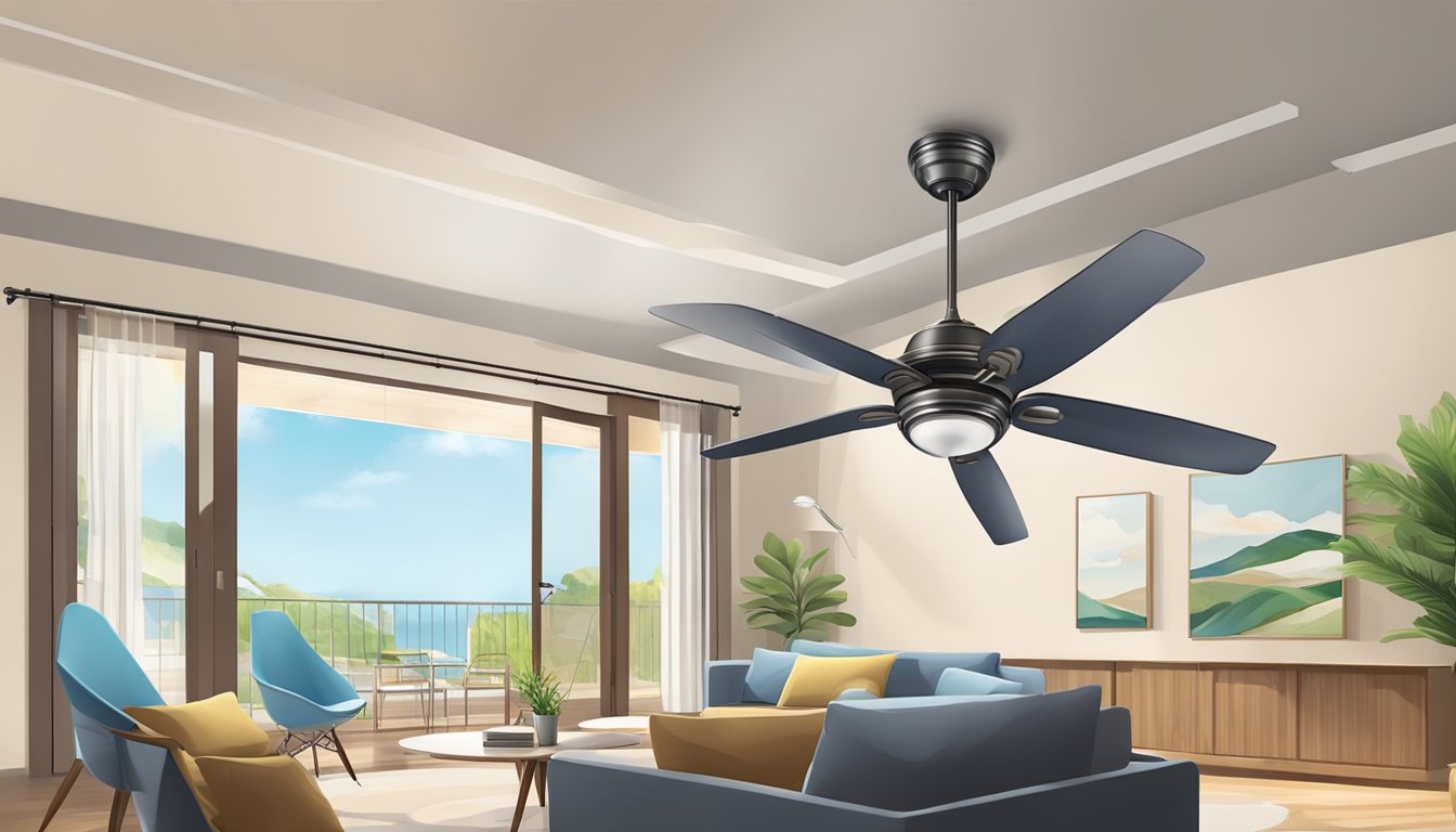 A living room ceiling fan in motion, casting a gentle breeze and creating a comfortable atmosphere for relaxation and enjoyment