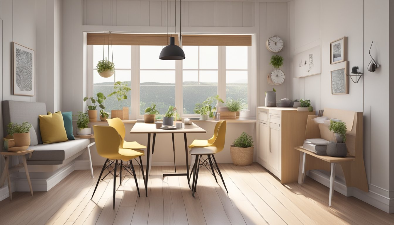 A cozy dining nook in a small space with a foldable table and chairs, clever storage solutions, and multi-functional furniture