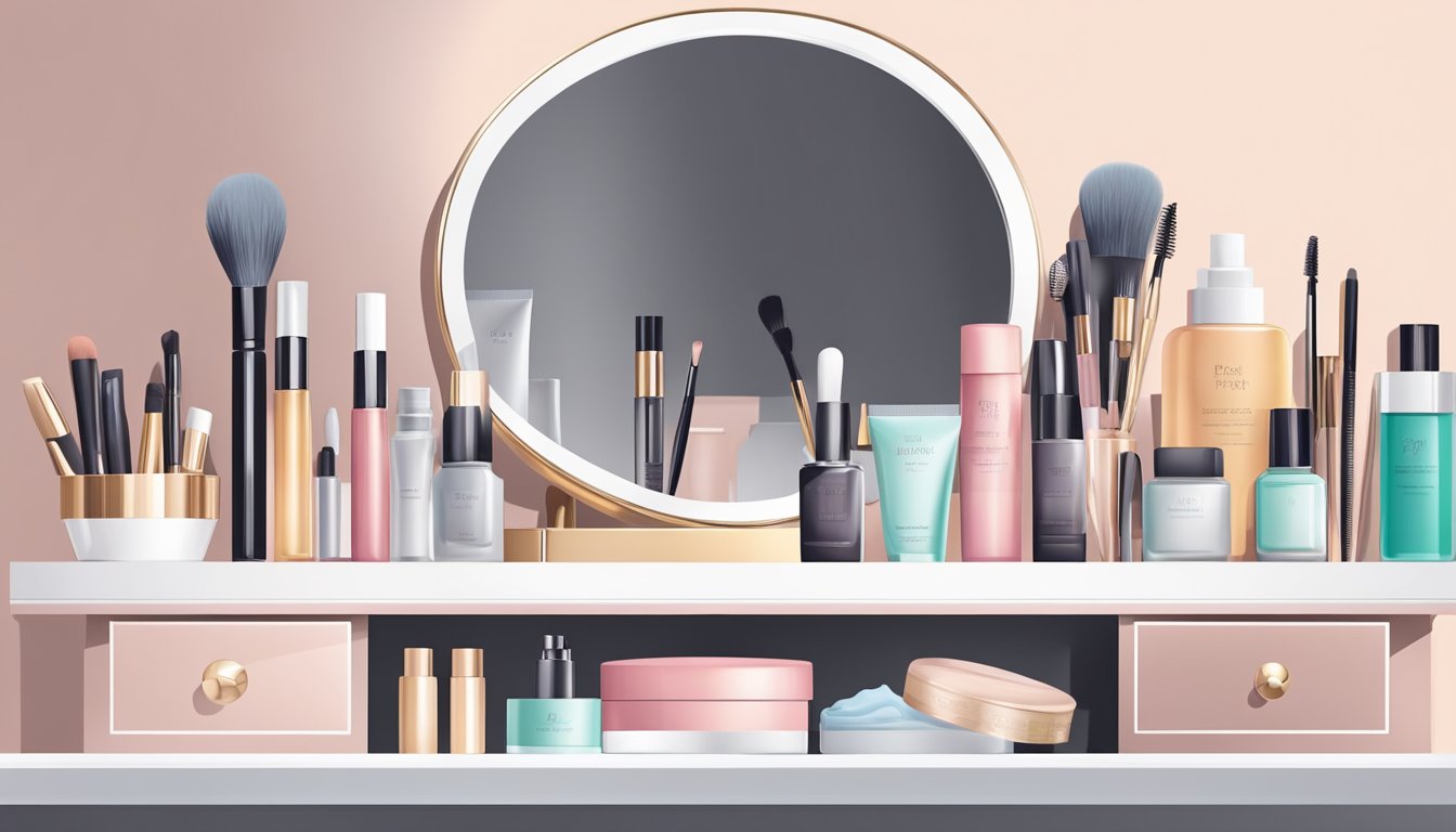 A neatly organized dressing table with a mirror, various beauty products, and elegant decor