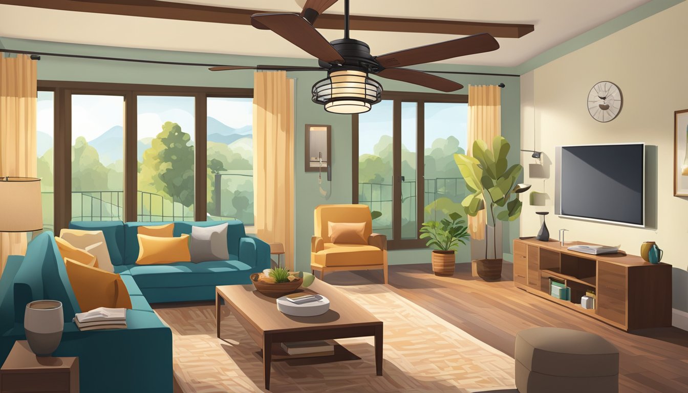 A living room with a spinning ceiling fan, surrounded by cozy furniture and a warm, inviting atmosphere