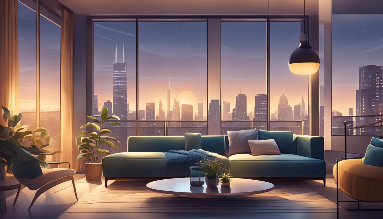 A cozy living room with modern furniture, soft lighting, and a scenic view of the city skyline through large windows