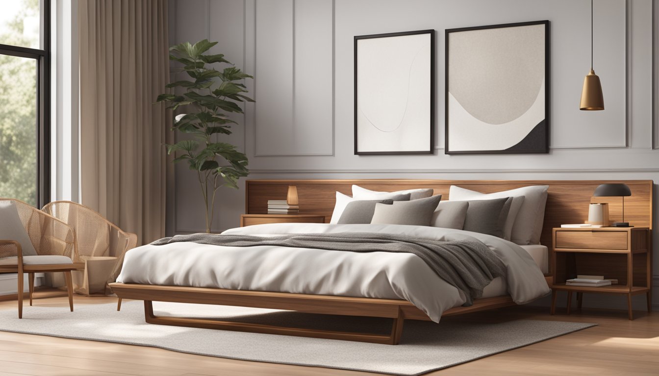 A solid wood bed frame in a cozy bedroom with clean lines and minimalistic design. The frame is sturdy and elegant, with a warm wood tone
