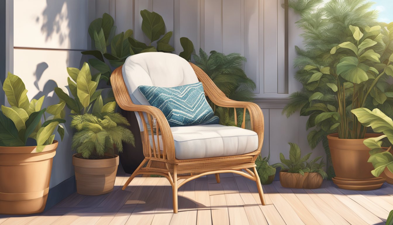 A rattan armchair sits on a sunlit porch, surrounded by potted plants and a cozy throw blanket