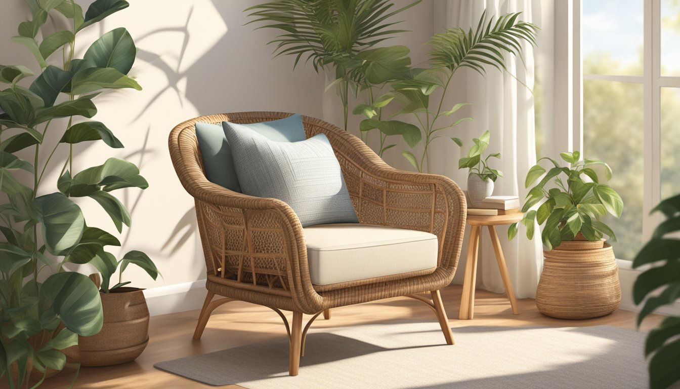 A rattan armchair sits in a sunlit room, surrounded by potted plants and a cozy throw blanket. The natural fibers of the chair create a warm and inviting atmosphere