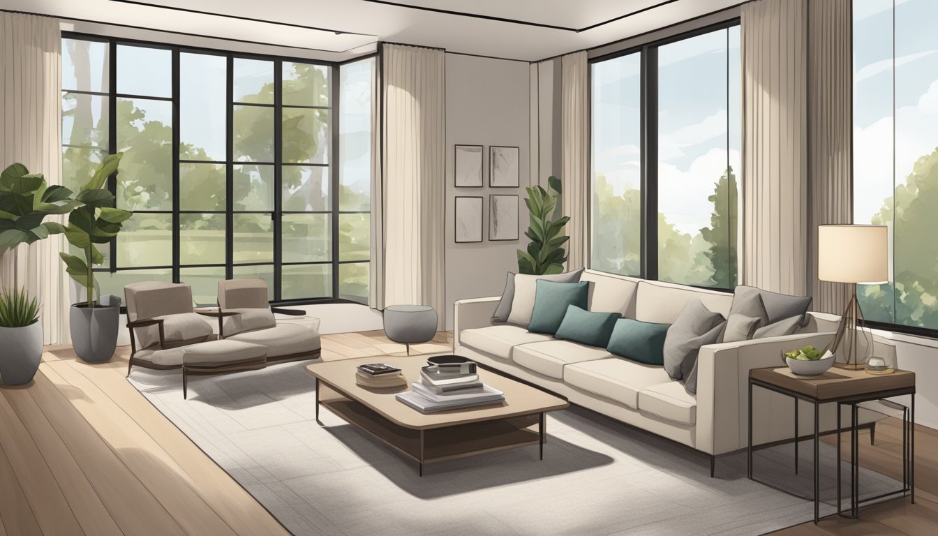 A modern living room with sleek furniture, neutral color palette, and a large window letting in natural light