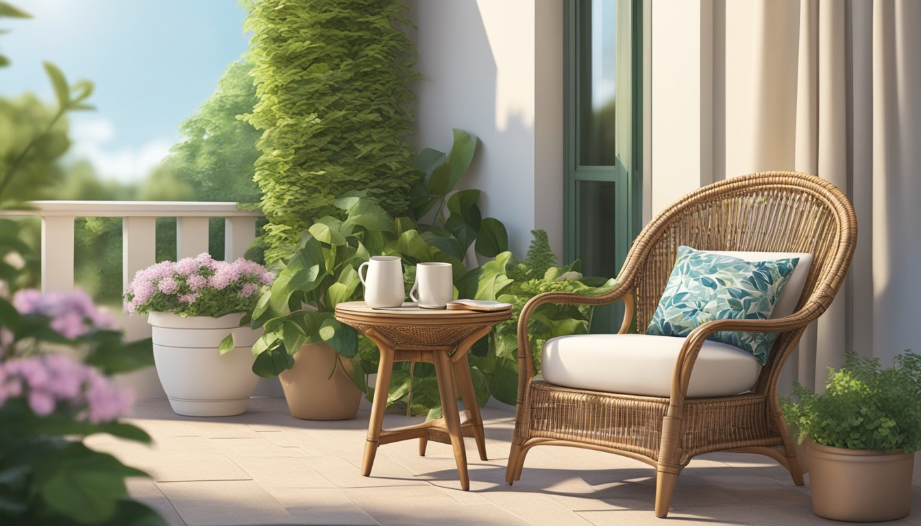 A rattan armchair sits on a sunlit patio, surrounded by lush greenery. A small side table holds a book and a cup of coffee. The chair looks comfortable and inviting, with a cozy throw draped over the back