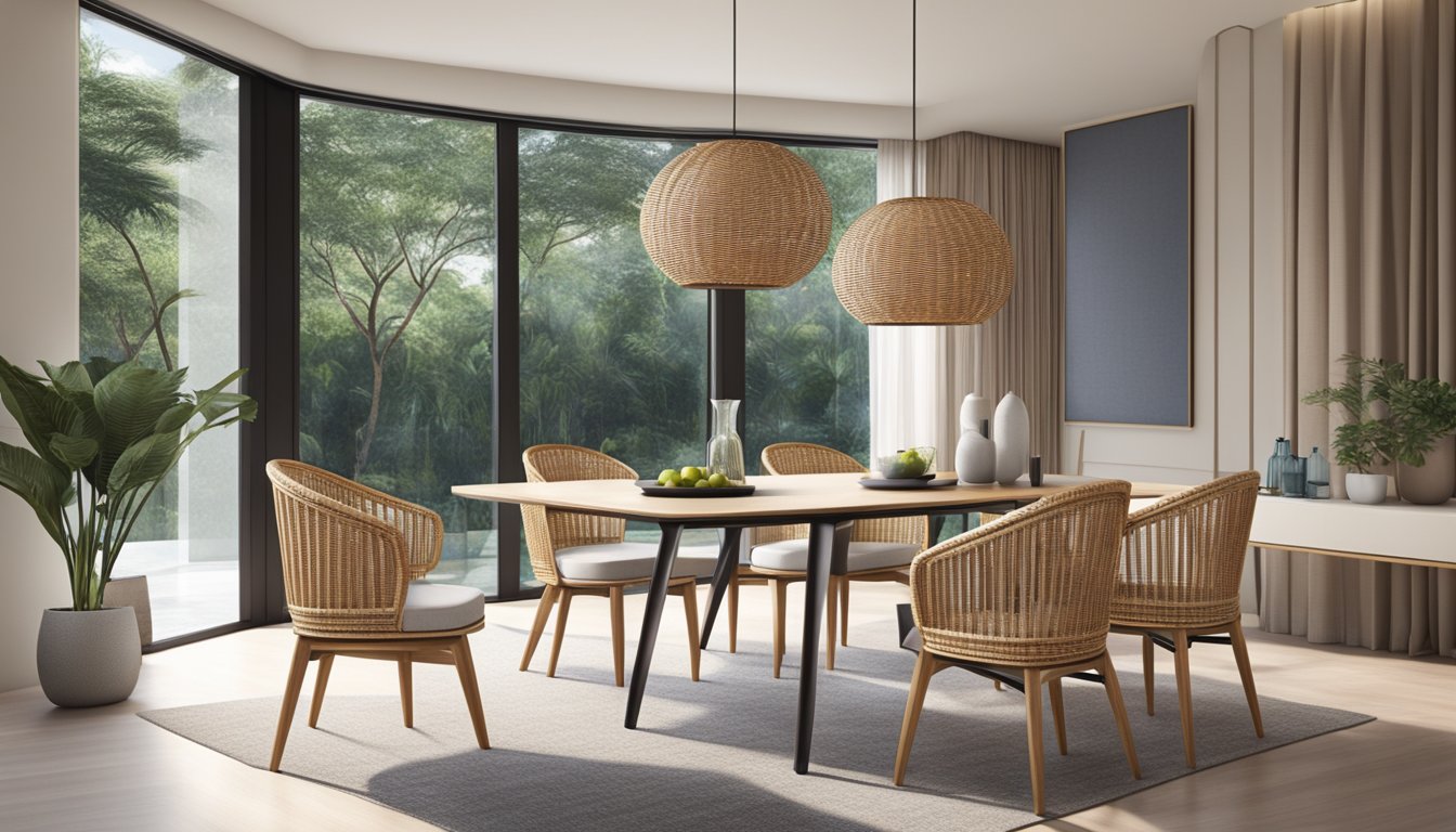 Four rattan dining chairs arranged around a sleek, modern table in a well-lit room in Singapore