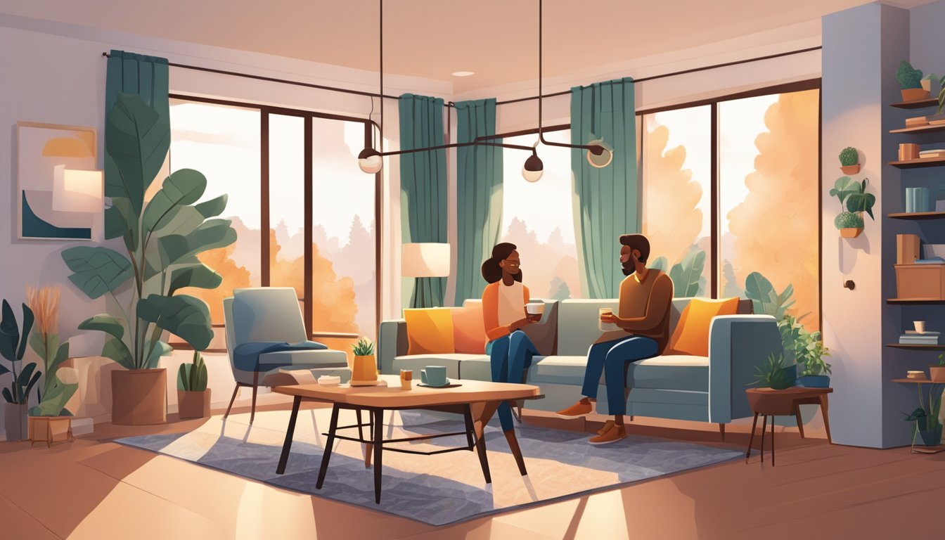 A cozy living room with modern furniture, warm lighting, and vibrant accent colors. A happy couple enjoys a cup of coffee while admiring their newly designed space