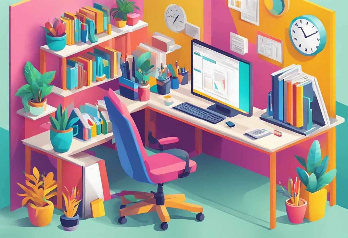 A bright, colorful office desk with a computer, coffee mug, and a sign that says "You don't have to be crazy to work here, but it helps!"