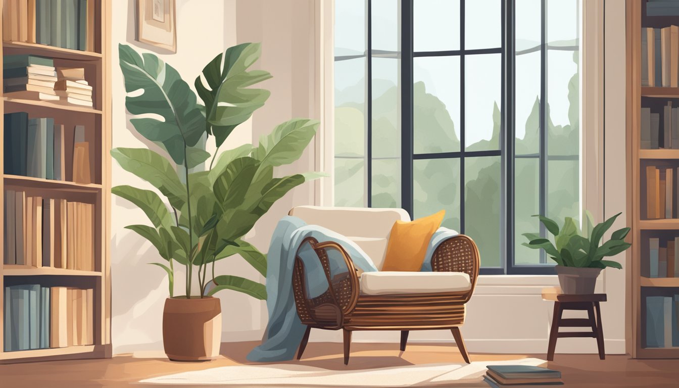 A rattan armchair surrounded by a stack of books, a potted plant, and a cozy blanket. The chair is bathed in warm, natural light from a nearby window