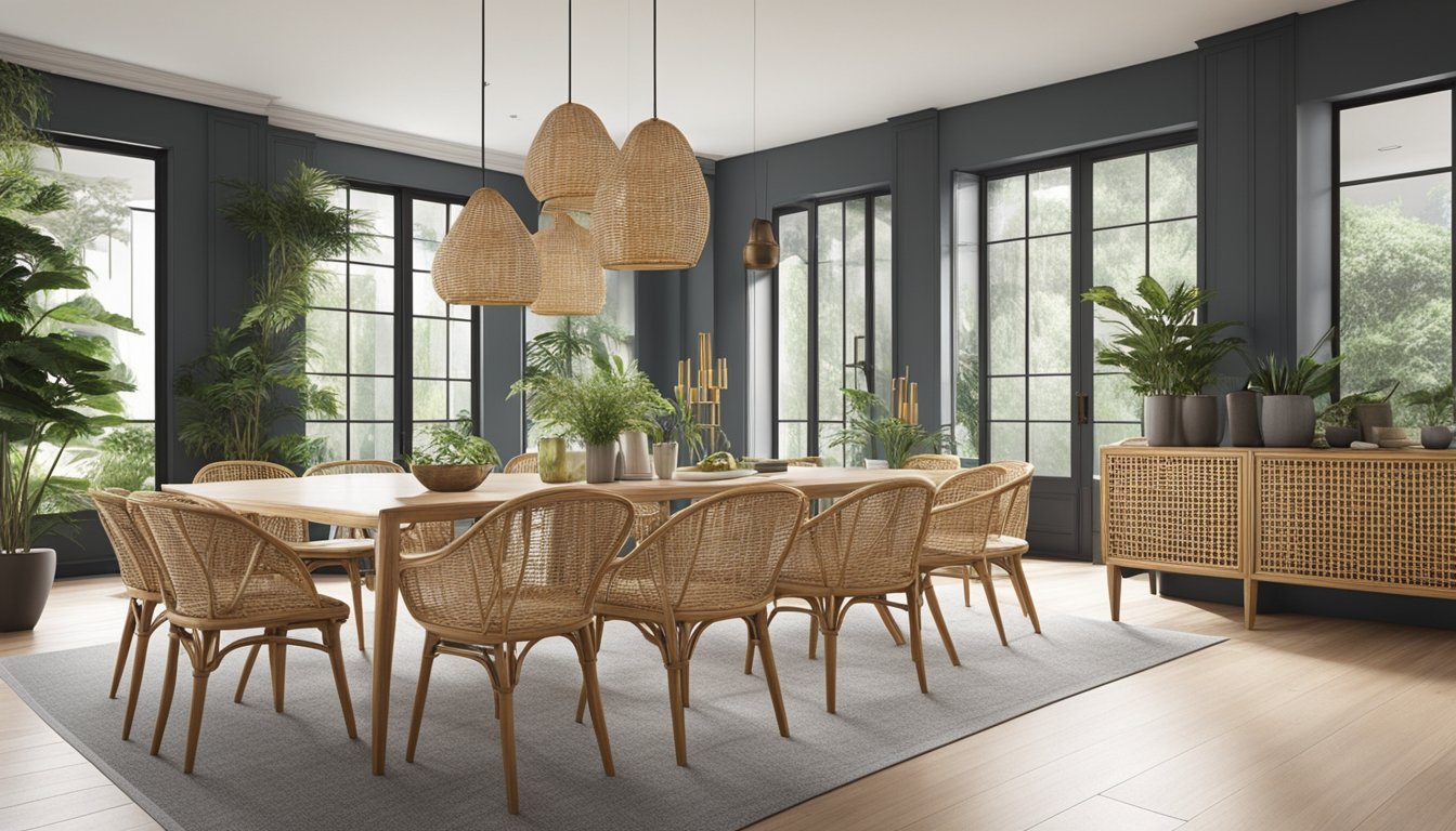 A bright, airy showroom displays a variety of rattan dining chairs in Singapore. The chairs are arranged in an inviting manner, showcasing their elegant designs and comfortable seating options