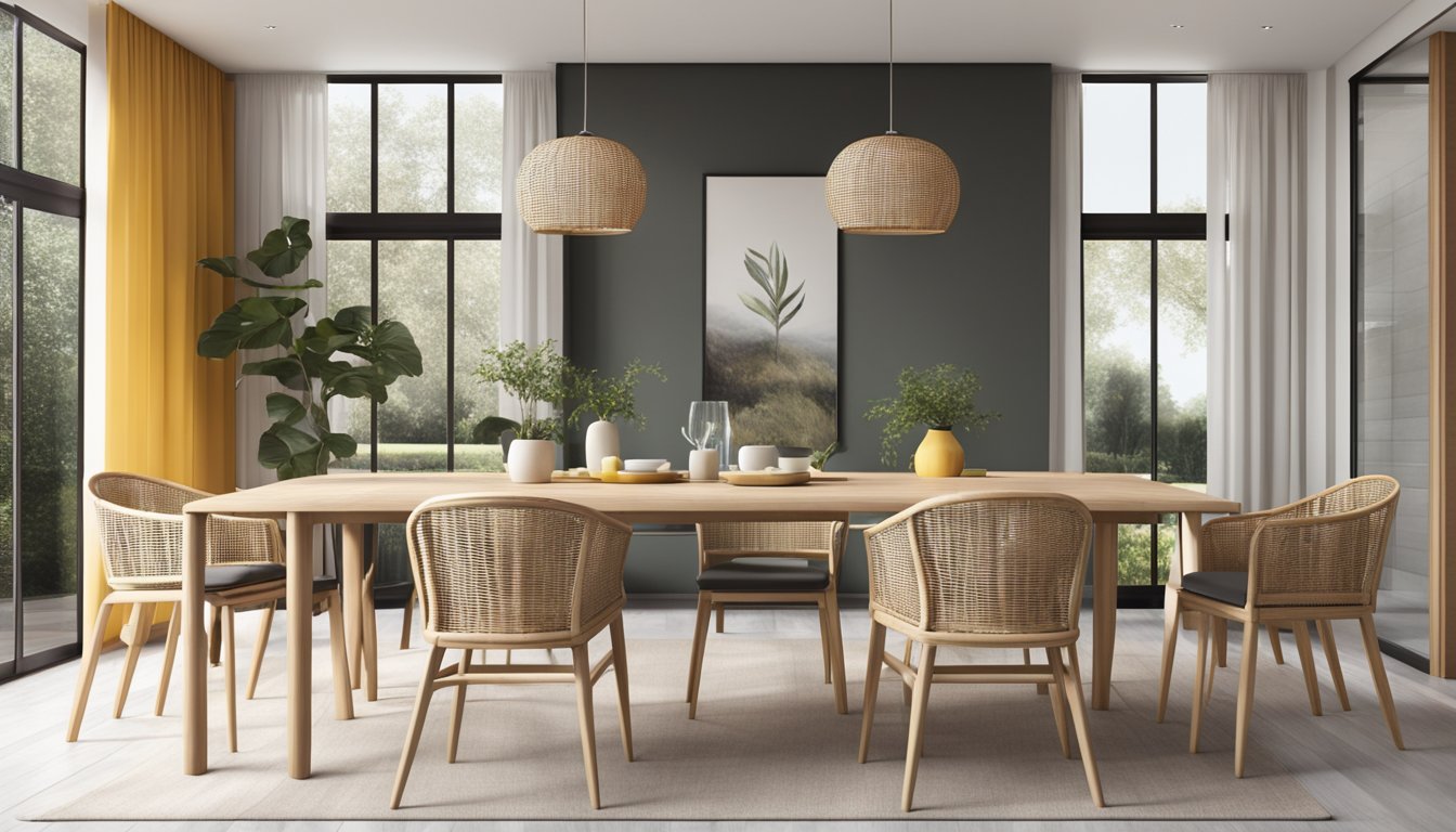 A set of rattan dining chairs arranged around a sleek, modern table in a well-lit dining room with minimalist decor